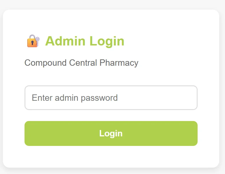 Secure admin login interface for Compound Central Pharmacy
