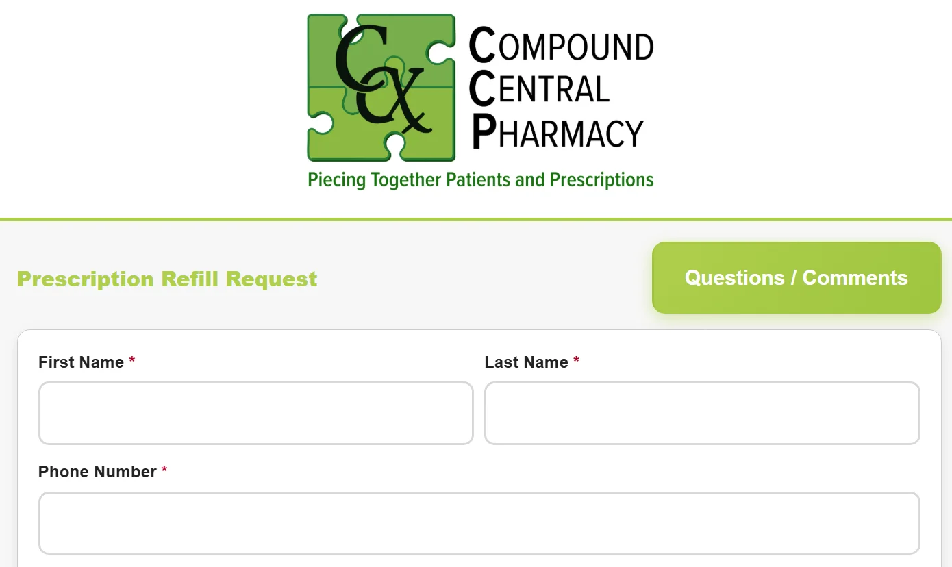 Compound Central Pharmacy branding and refill request form