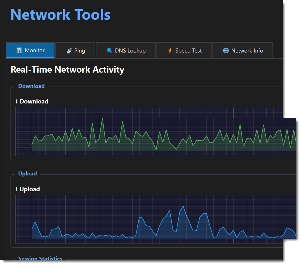 JAB Admin Toolkit Network Tools with real-time network activity monitoring and speed test