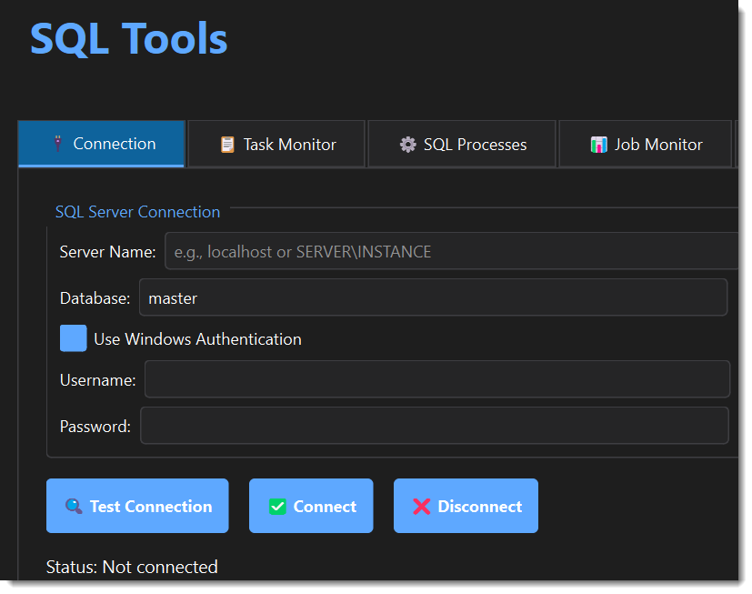 JAB Admin Toolkit SQL Tools for SQL Server connection, task monitoring, processes, and job monitoring