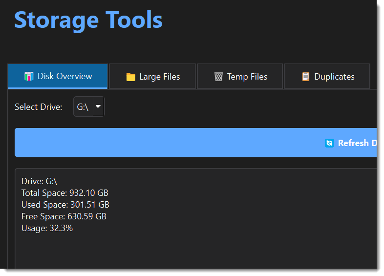 JAB Admin Toolkit Storage Tools showing disk overview, large files, temp files, and duplicates scanning