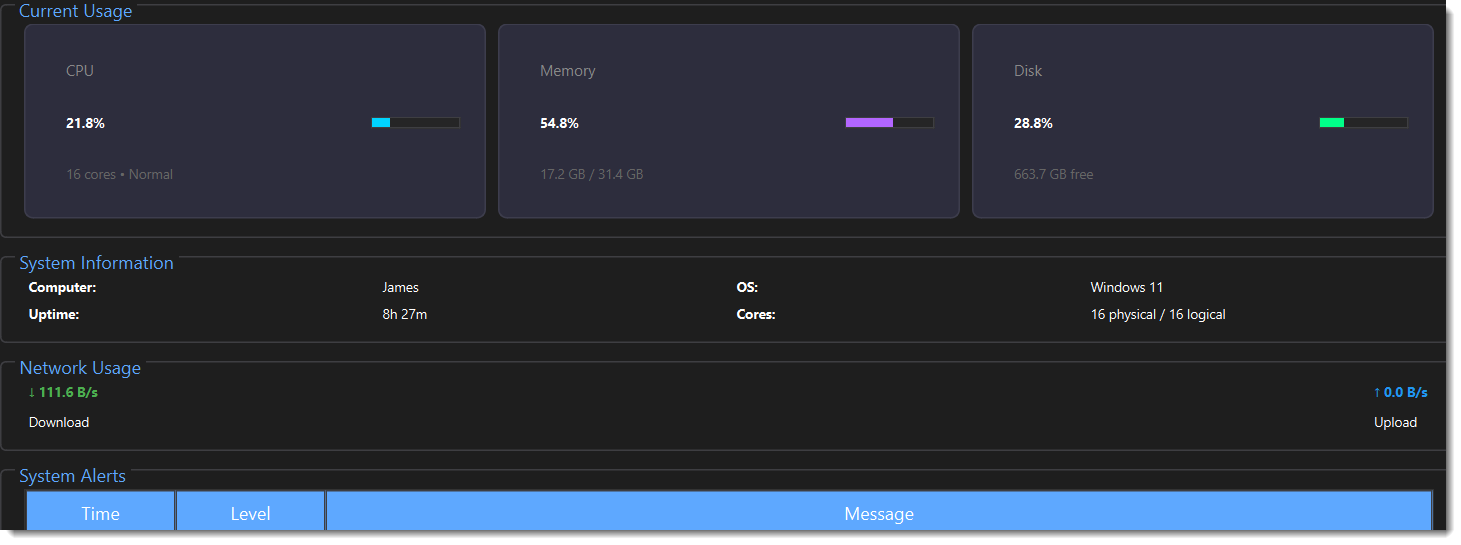 JAB Admin Toolkit System Health dashboard showing real-time CPU, Memory, Disk, and network usage
