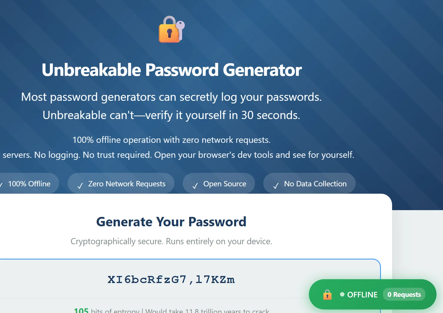 Unbreakable Password Generator interface showing offline operation and zero network requests