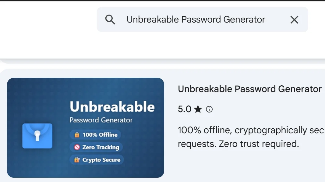 Unbreakable appearing in Chrome Web Store search results with 5.0 star rating
